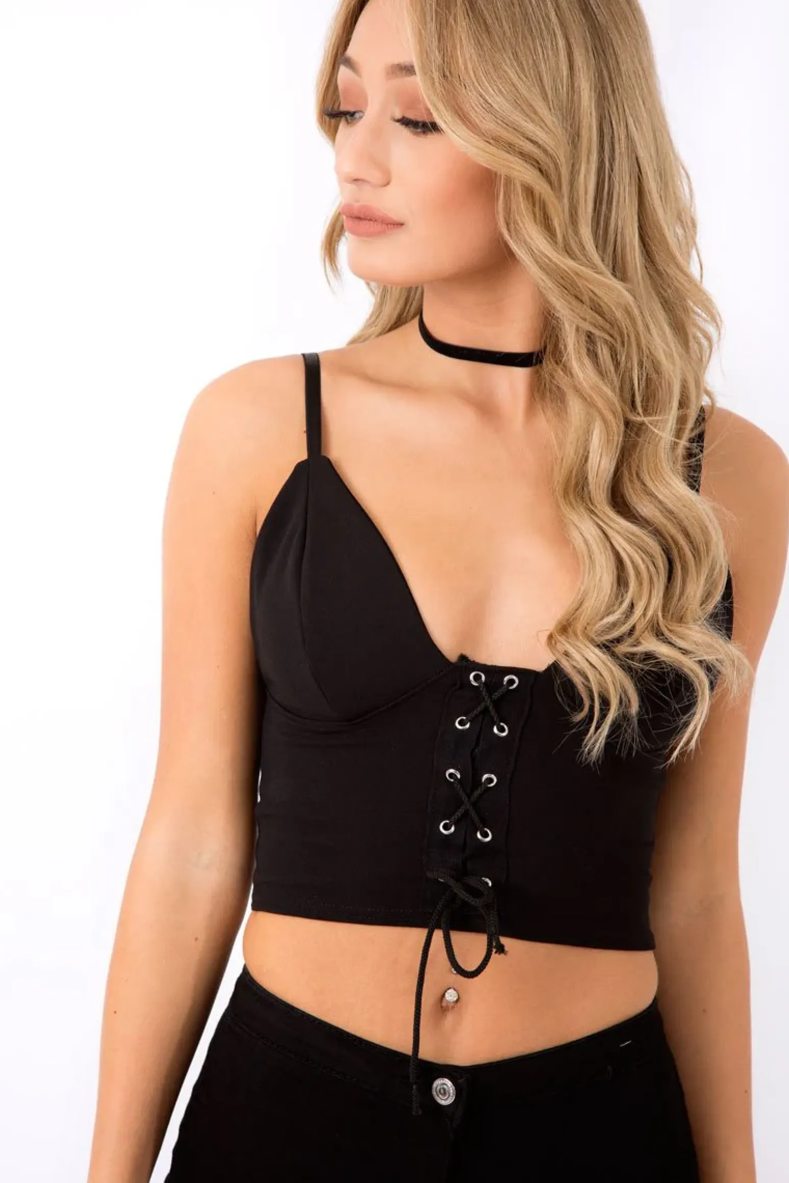 Rebellious Fashion Black Lace Up Crop Top - Cindi
