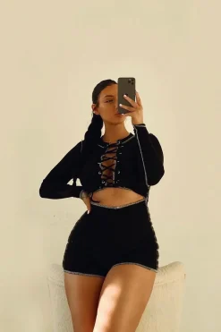 Rebellious Fashion Black Lace Up Cut Out Contrast Stitch Ribbed Playsuit - Drina