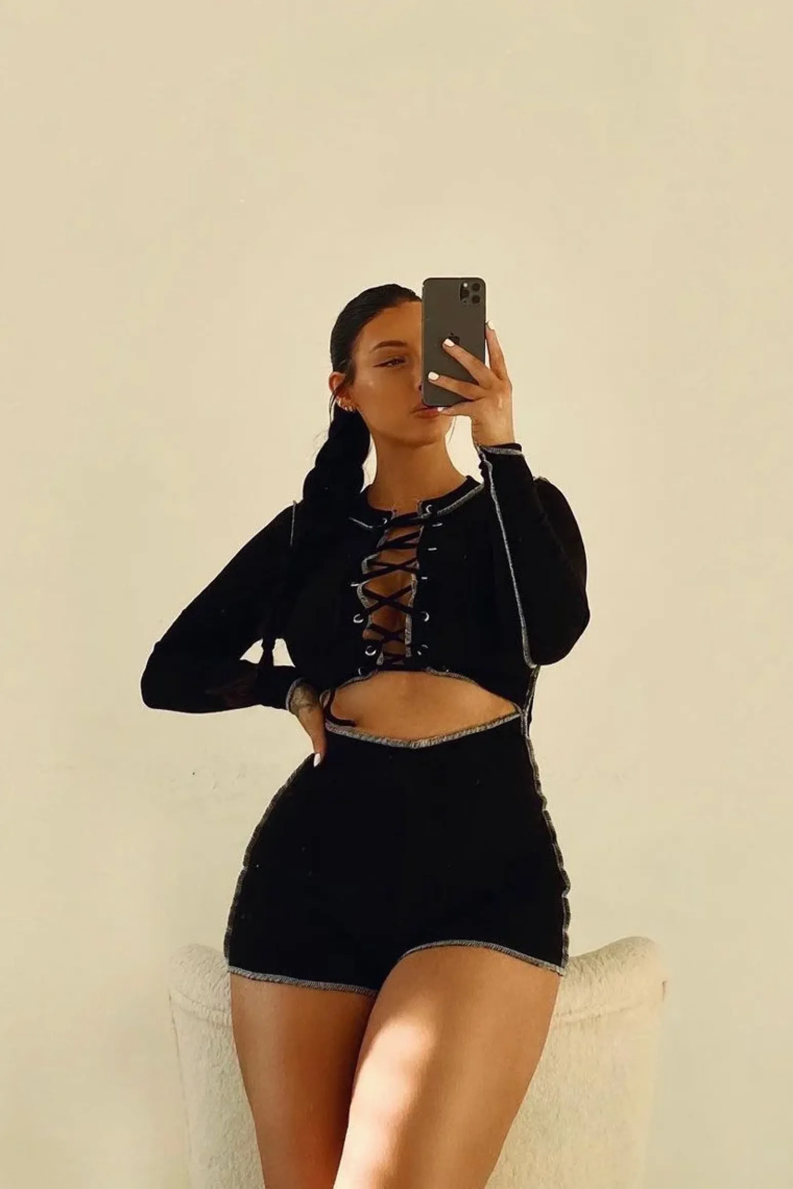 Rebellious Fashion Black Lace Up Cut Out Contrast Stitch Ribbed Playsuit - Drina
