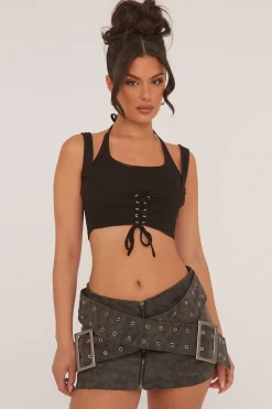 Rebellious Fashion Black Lace Up Detail Cropped Top - Indie
