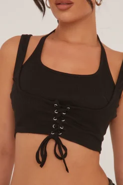 Rebellious Fashion Black Lace Up Detail Cropped Top - Indie