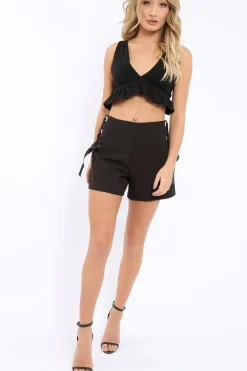 Rebellious Fashion Black Lace Up Eyelet High Waist Shorts - Lola