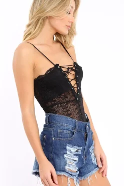 Rebellious Fashion Black Lace Up Eyelet Plunge Bodysuit - Esme