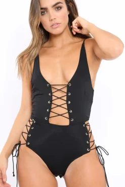 Rebellious Fashion Black Lace Up Front And Side Bodysuit - Lux