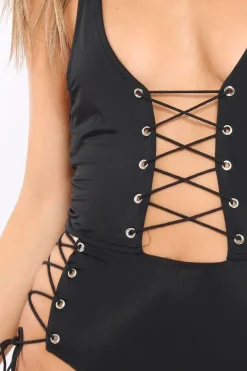Rebellious Fashion Black Lace Up Front And Side Bodysuit - Lux
