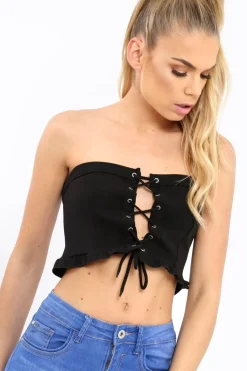 Rebellious Fashion Black Lace Up Front Frill Bandeau Crop Top - Cyndi