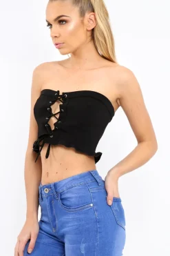 Rebellious Fashion Black Lace Up Front Frill Bandeau Crop Top - Cyndi