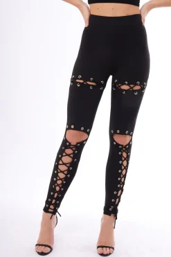 Rebellious Fashion Black Lace Up Front Leggings - Hattie