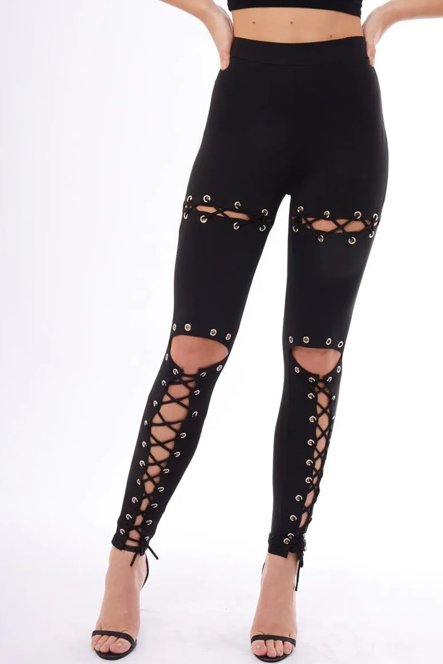 Rebellious Fashion Black Lace Up Front Leggings - Hattie