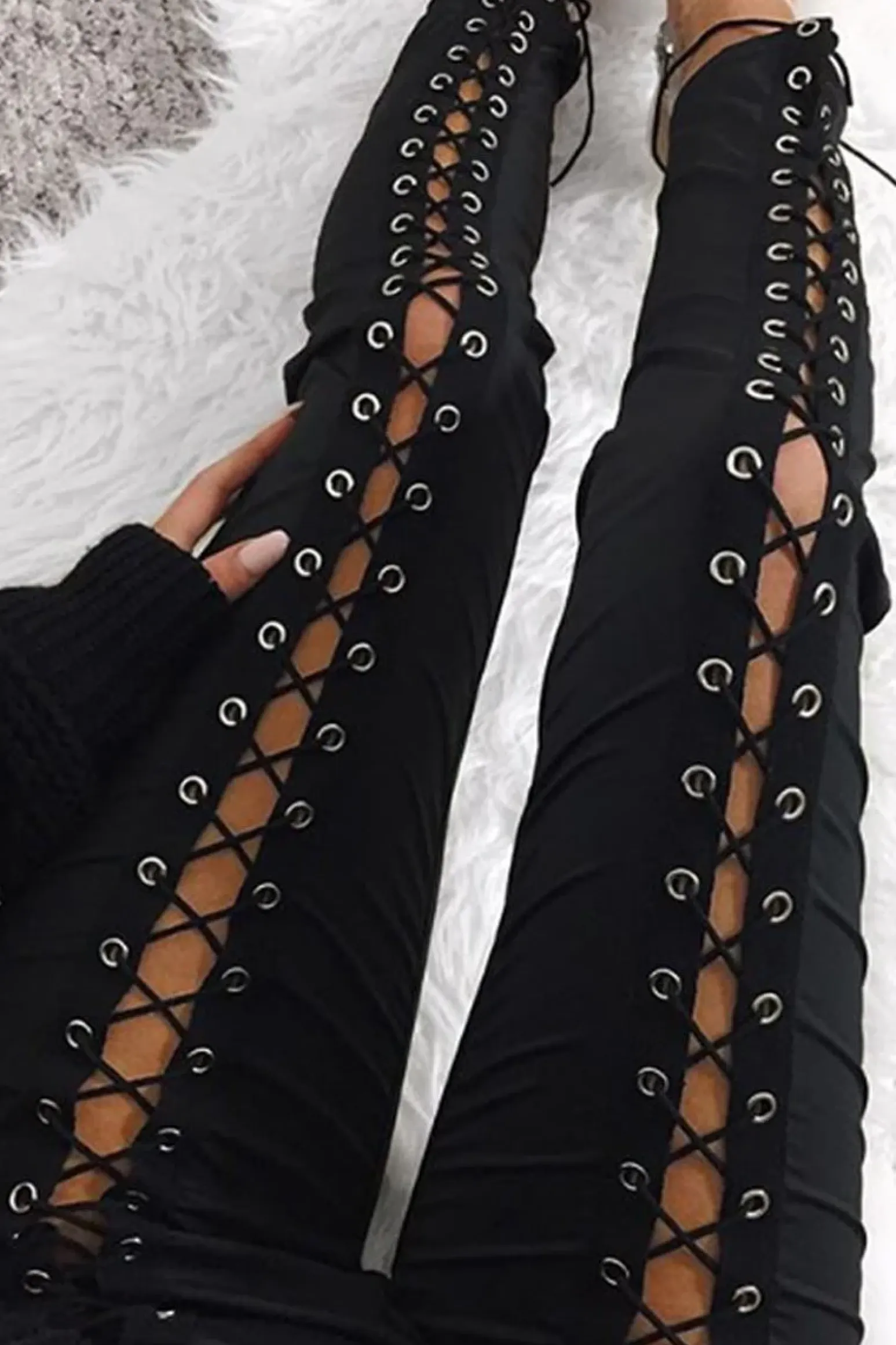 Rebellious Fashion Black Lace Up Front Leggings - Hazel