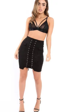 Rebellious Fashion Black Lace Up Front Suede Midi Skirt - Cacia