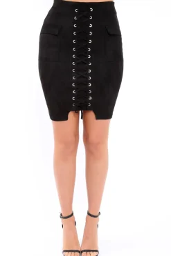Rebellious Fashion Black Lace Up Front Suede Midi Skirt - Cacia