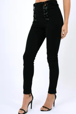 Rebellious Fashion Black Lace Up Front Trousers - Zia