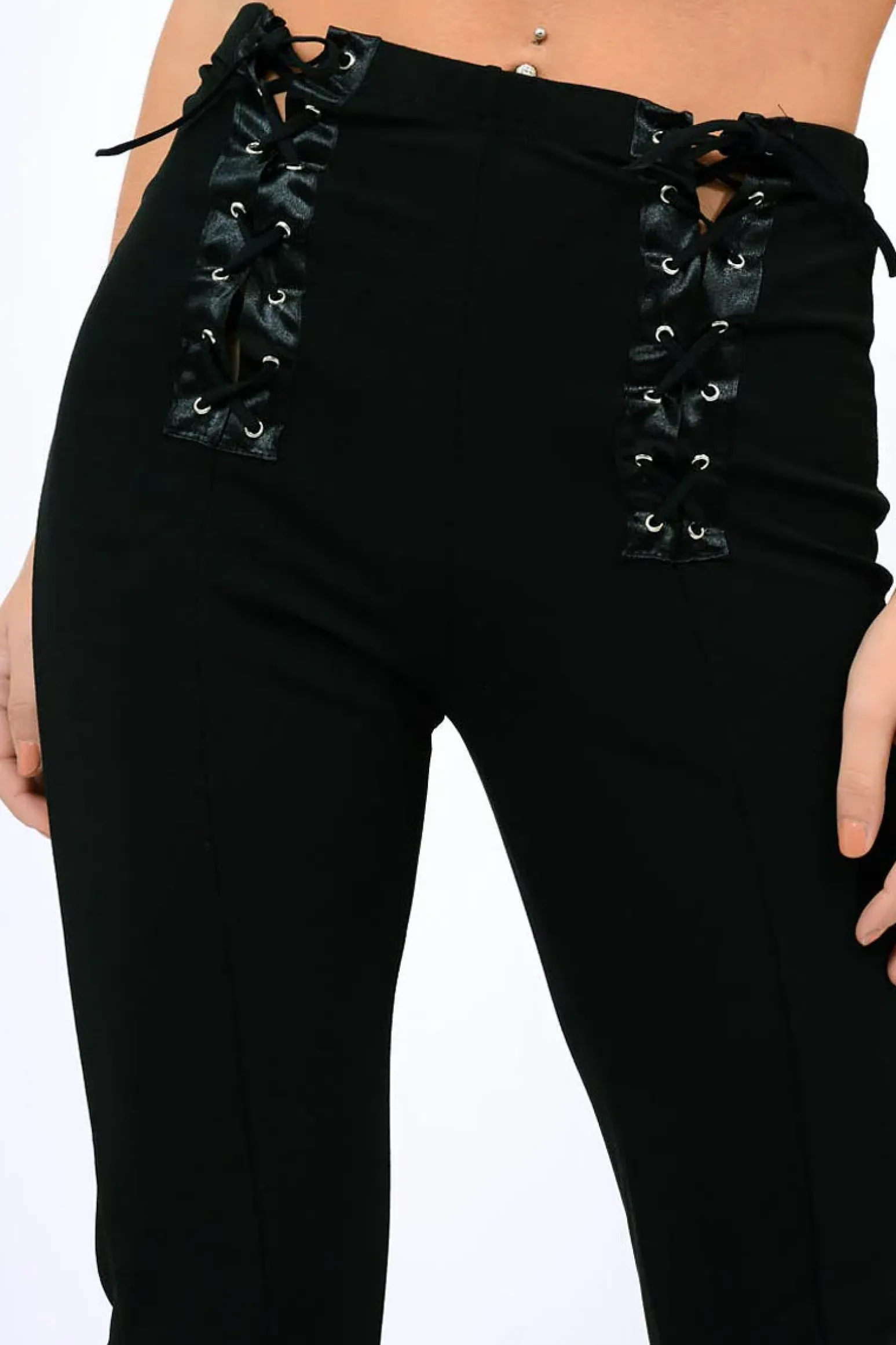 Rebellious Fashion Black Lace Up Front Trousers - Zia