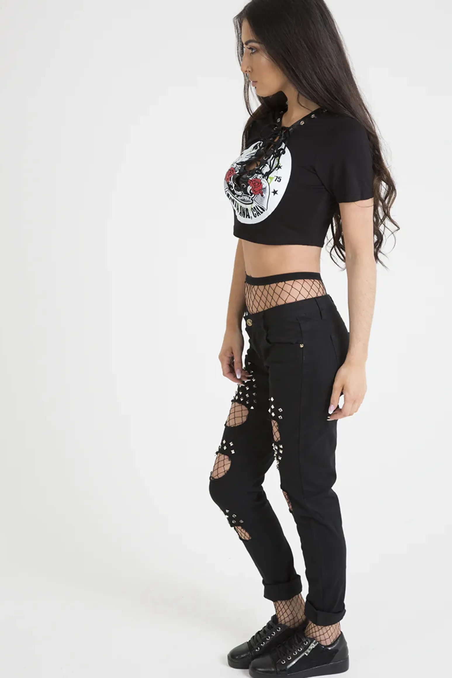 Rebellious Fashion Black Lace Up Graphic Print Crop Top - Martha