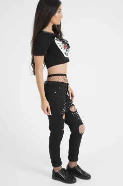 Rebellious Fashion Black Lace Up Graphic Print Crop Top - Martha