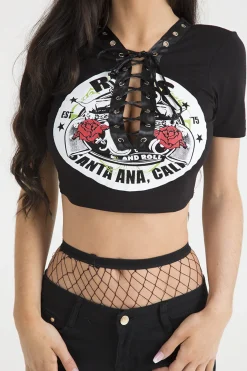 Rebellious Fashion Black Lace Up Graphic Print Crop Top - Martha
