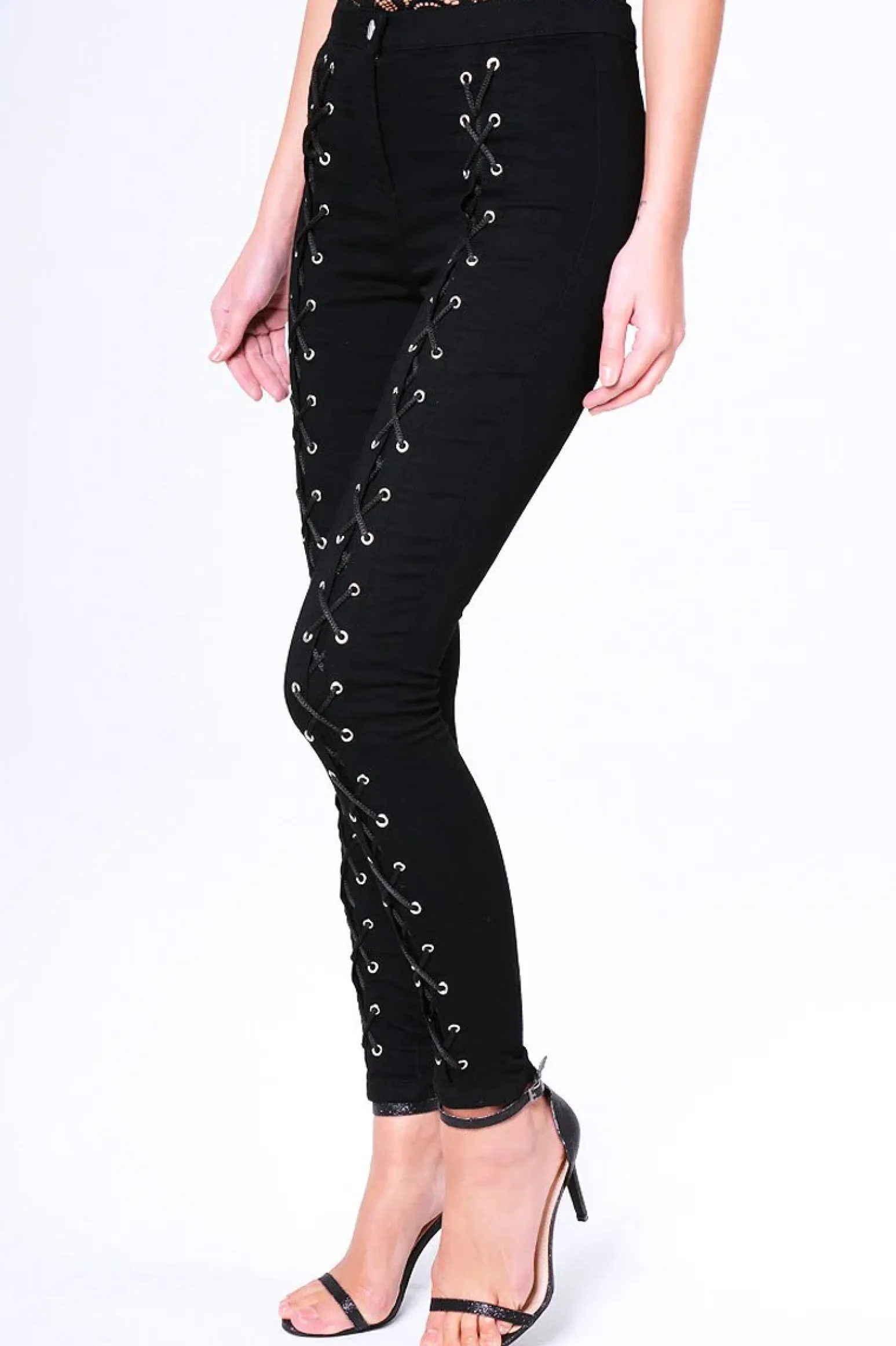 Rebellious Fashion Black Lace Up High Waisted Skinny Jeans - Aariya