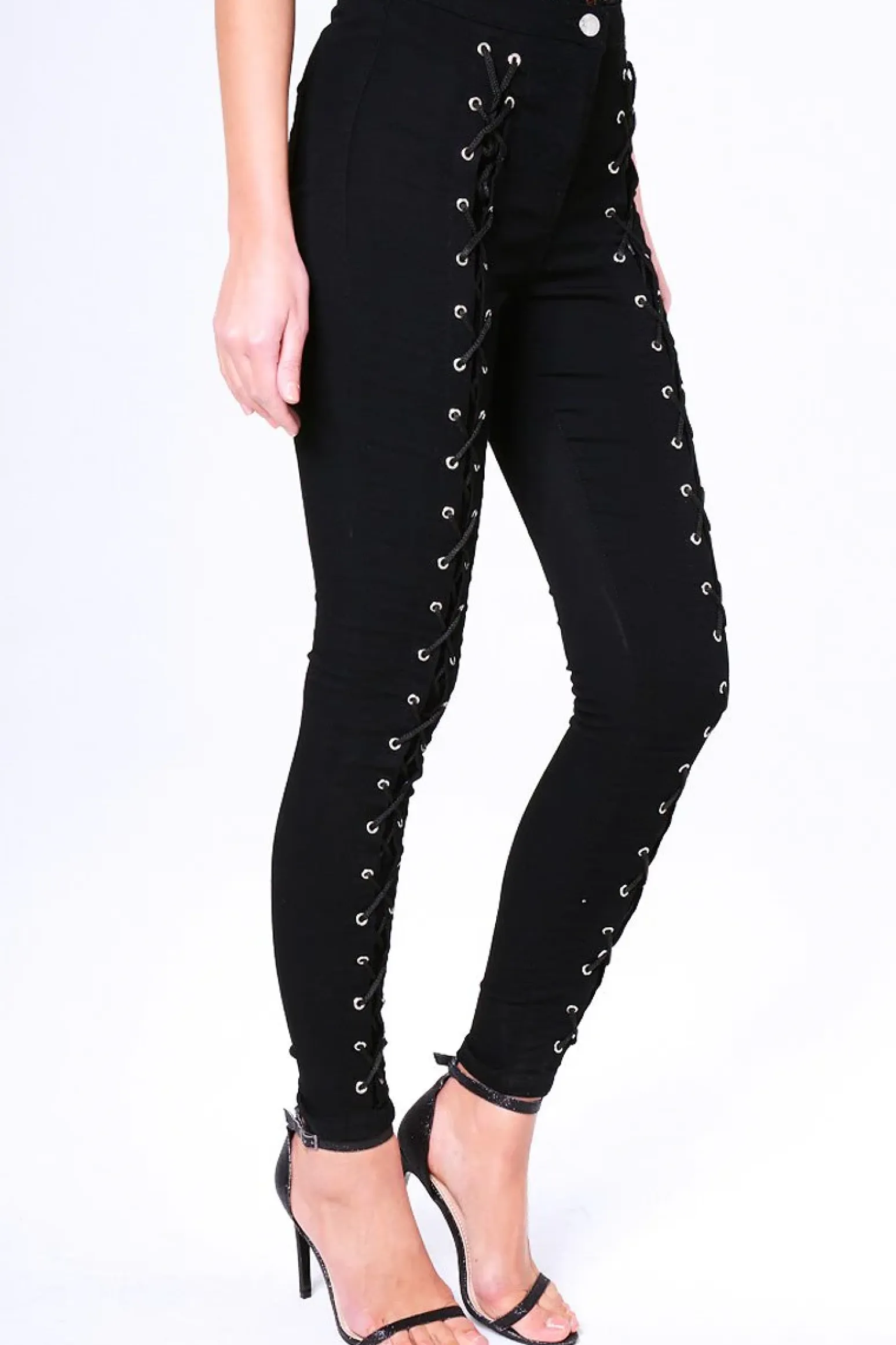 Rebellious Fashion Black Lace Up High Waisted Skinny Jeans - Aariya