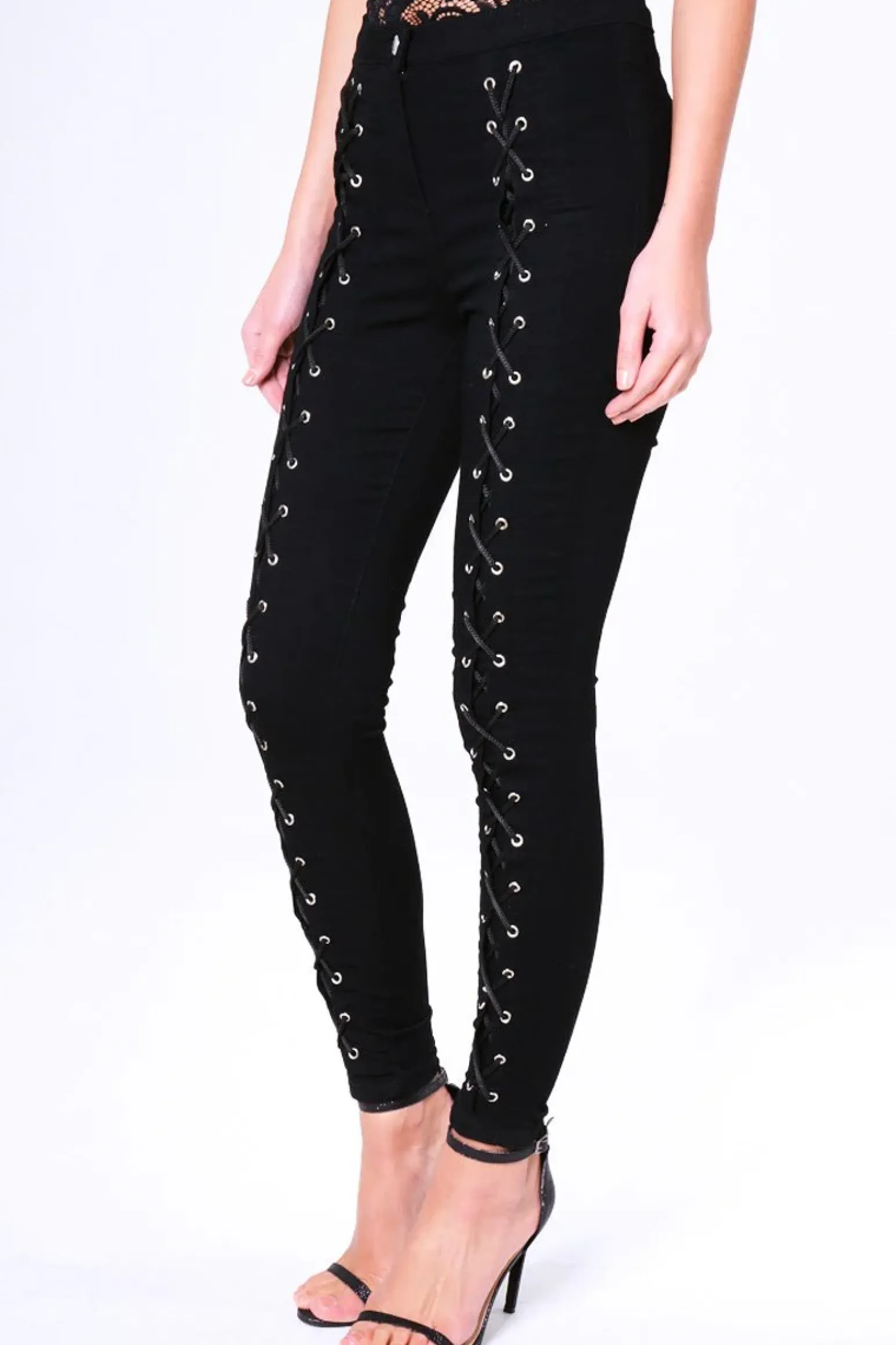 Rebellious Fashion Black Lace Up High Waisted Skinny Jeans - Aariya