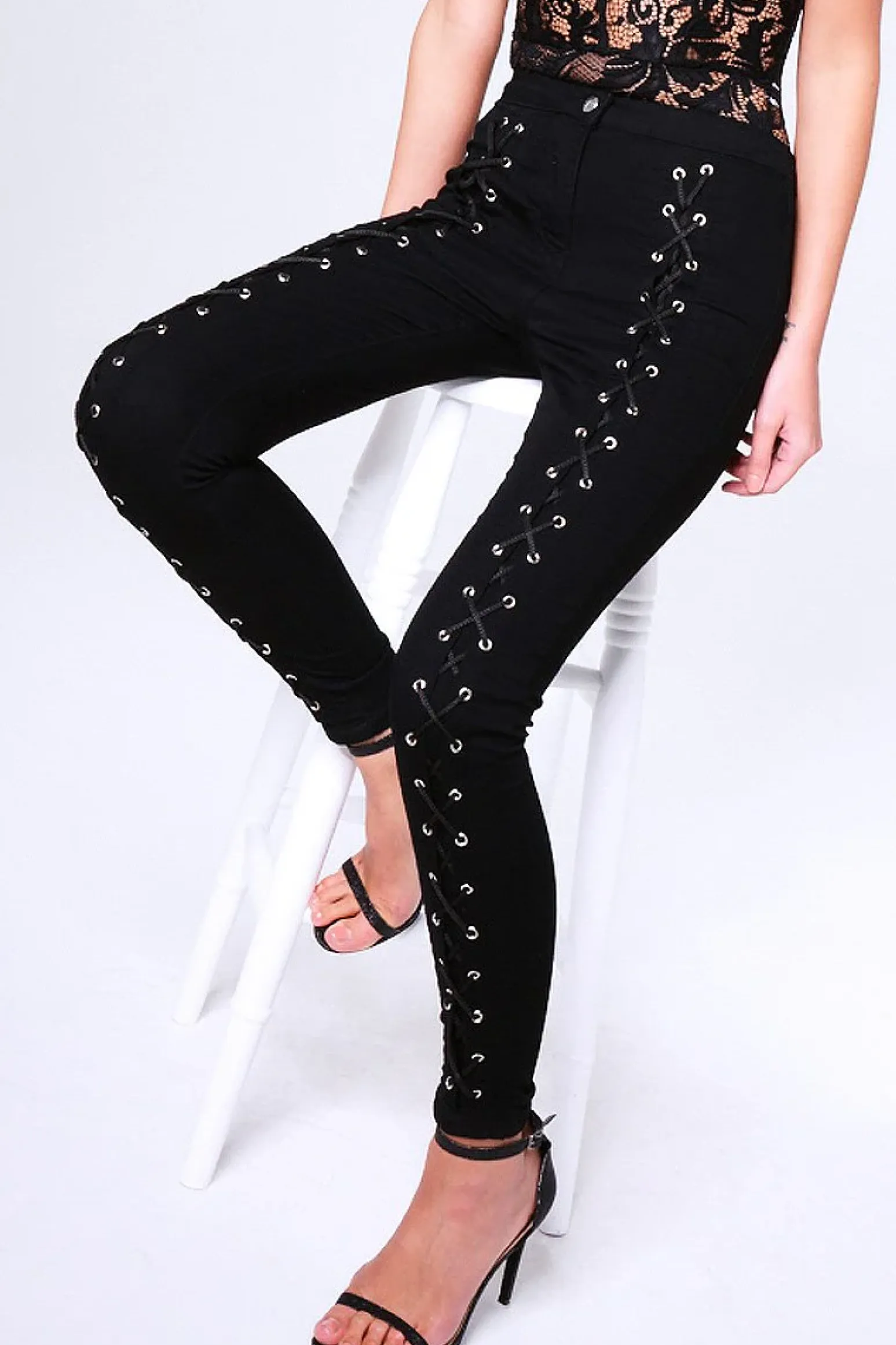 Rebellious Fashion Black Lace Up High Waisted Skinny Jeans - Aariya