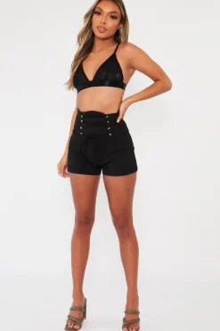 Rebellious Fashion Black Lace Up High Waisted Tailored Shorts - Darcia