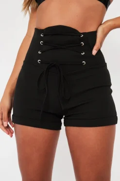 Rebellious Fashion Black Lace Up High Waisted Tailored Shorts - Darcia