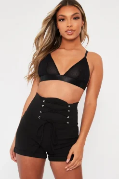 Rebellious Fashion Black Lace Up High Waisted Tailored Shorts - Darcia