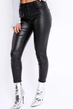 Rebellious Fashion Black Lace Up Matte PU Jeans - Yissel