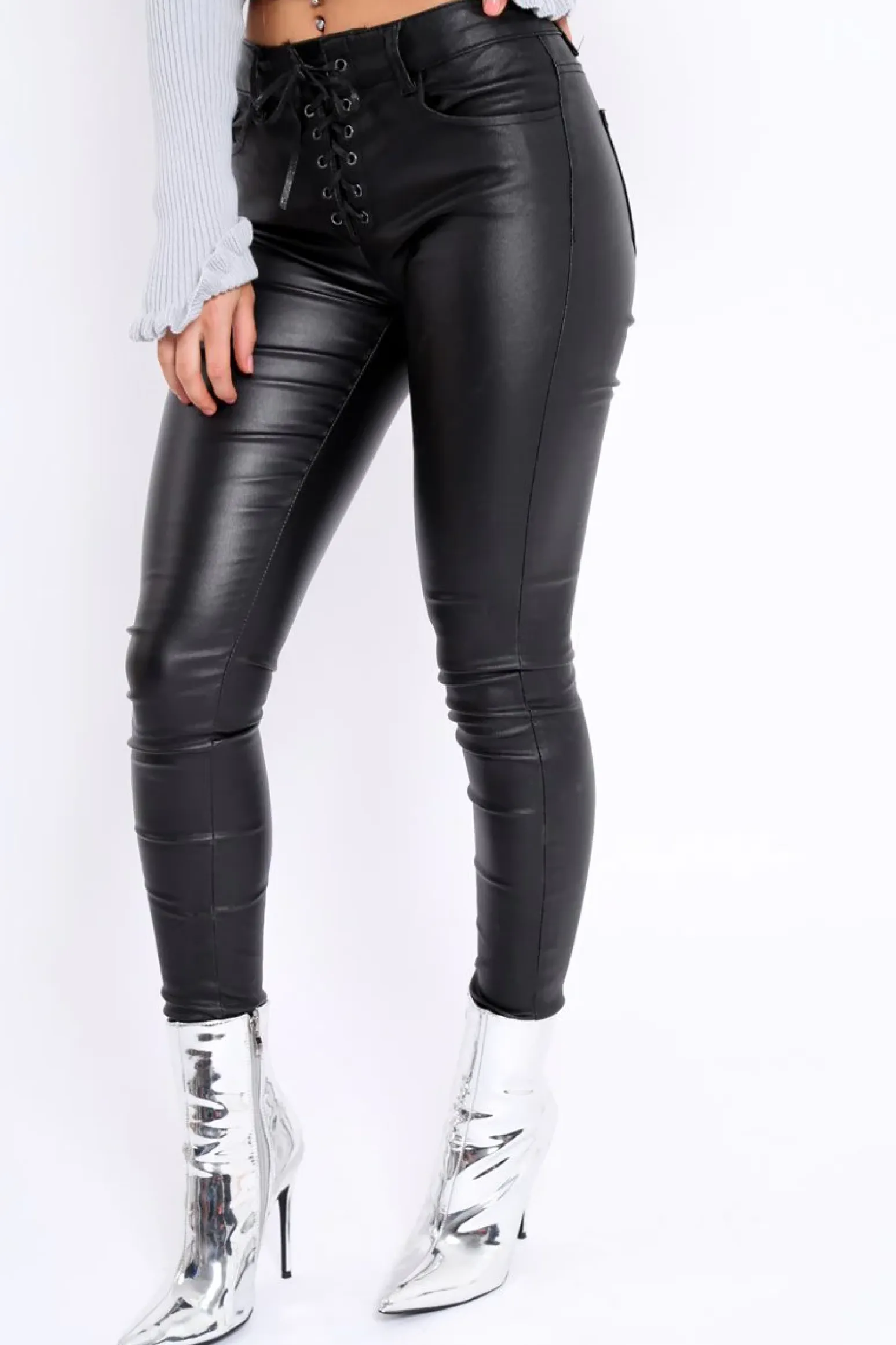 Rebellious Fashion Black Lace Up Matte PU Jeans - Yissel