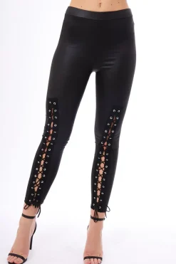 Rebellious Fashion Black Lace Up PU Leggings - Shania