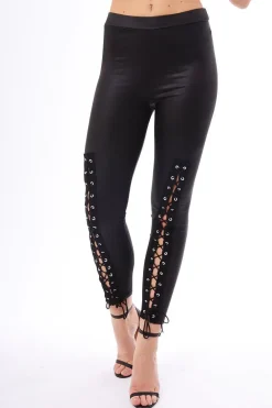 Rebellious Fashion Black Lace Up PU Leggings - Shania