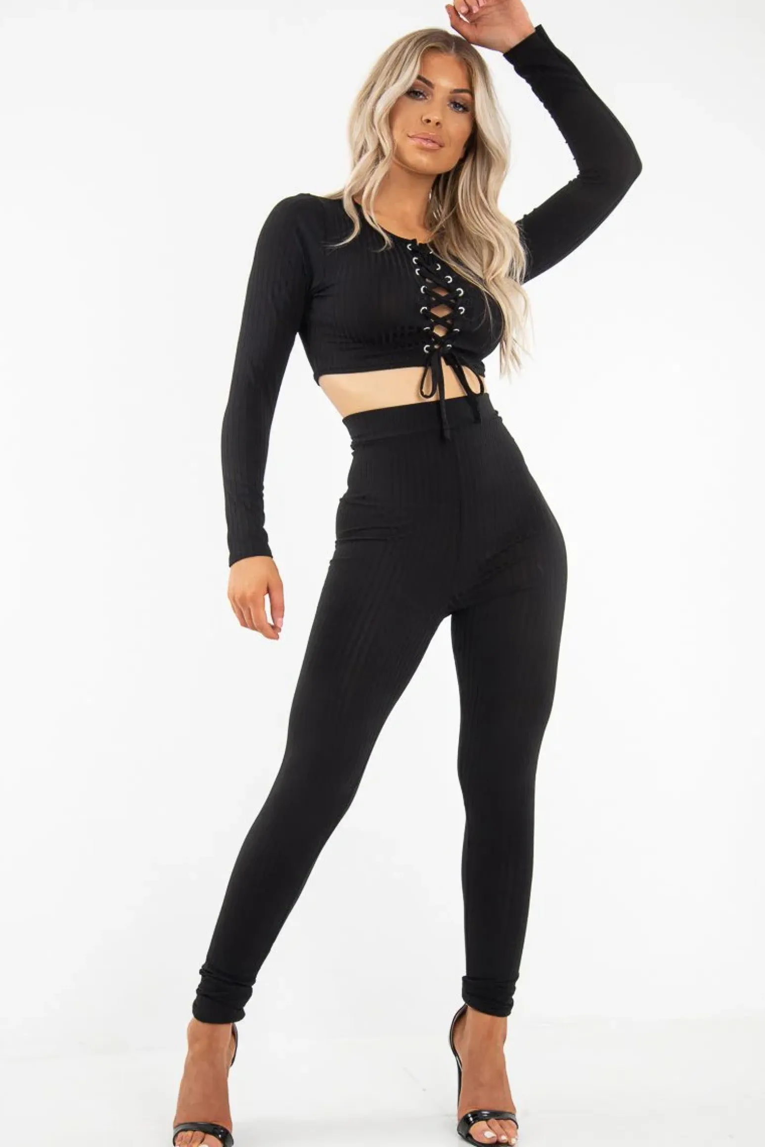 Rebellious Fashion Black Lace Up Rib Crop Top Trousers Loungewear Set - Jesi