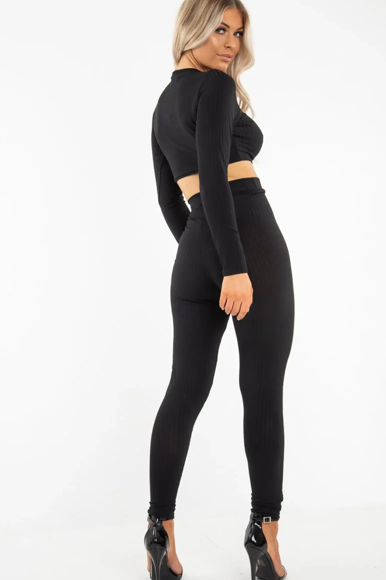 Rebellious Fashion Black Lace Up Rib Crop Top Trousers Loungewear Set - Jesi