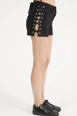 Rebellious Fashion Black Lace Up Sides Denim Shorts - Ria