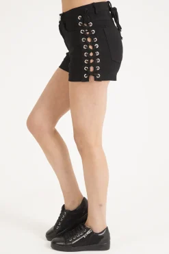 Rebellious Fashion Black Lace Up Sides Denim Shorts - Ria