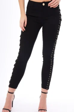 Rebellious Fashion Black Lace Up Sides Skinny Denim Jeans - Mallie