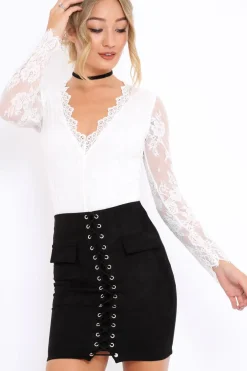 Rebellious Fashion Black Lace Up Suedette Mini Skirt - Lotty