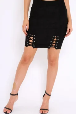 Rebellious Fashion Black Lace Up Suedette Skirt - Jenna