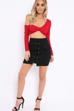Rebellious Fashion Black Lace Up Suedette Skirt with Pockets - Patra