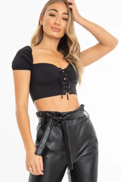 Rebellious Fashion Black Lace Up Sweetheart Puff Sleeve Crop Top - Kandis