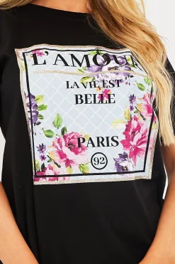 Rebellious Fashion Black L'amour Slogan Graphic T-shirt - Leighna