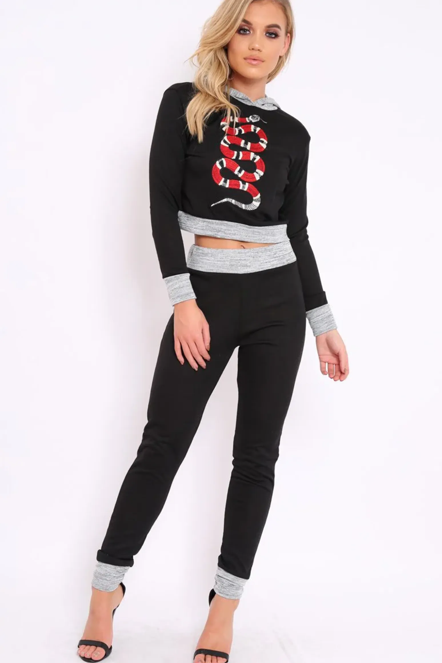 Rebellious Fashion Black Large Snake Applique Loungewear Set - Evie