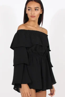 Rebellious Fashion Black Layered Bardot Playsuit - Barbara