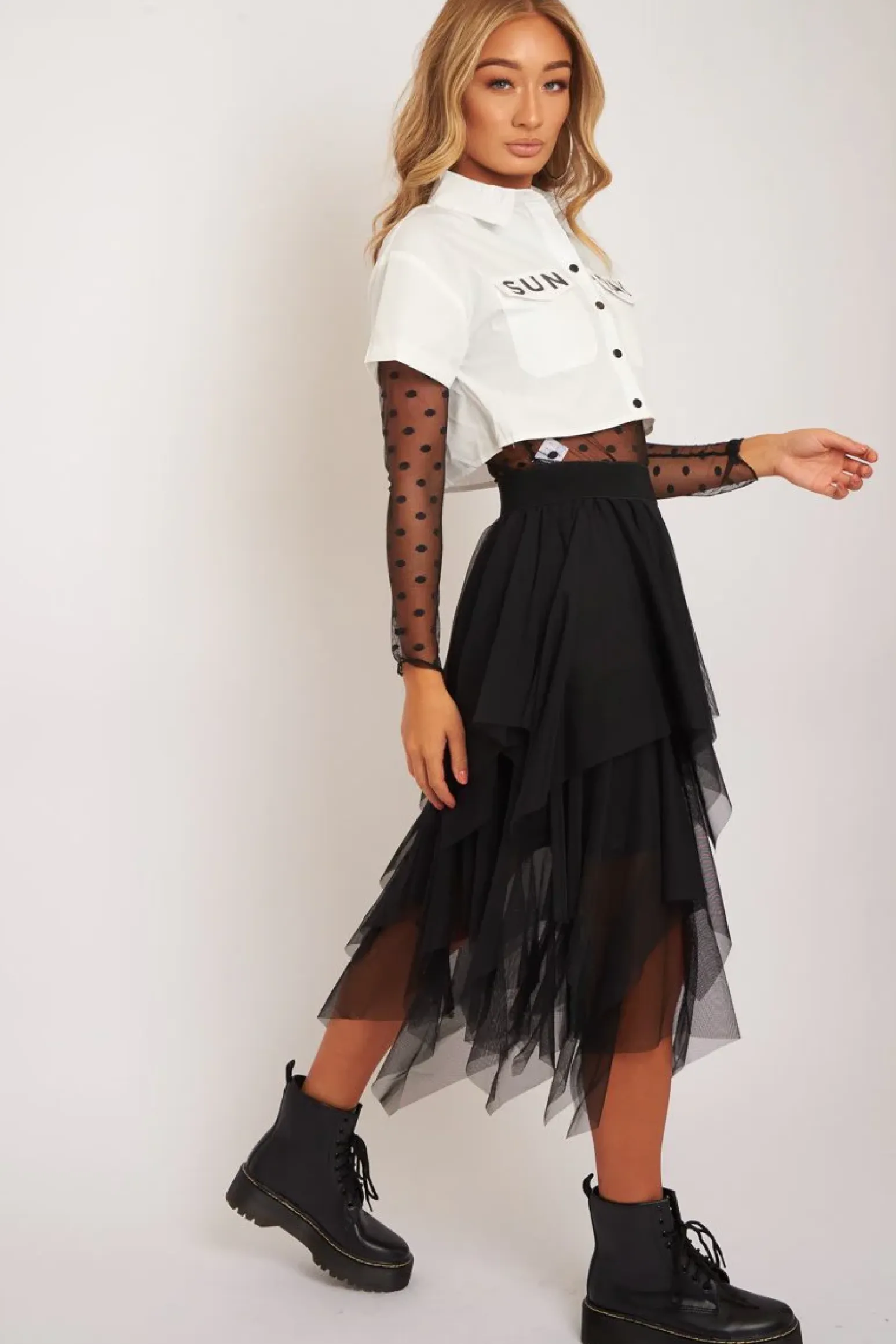 Rebellious Fashion Black Layered Tulle Midi Skirt - Laveta