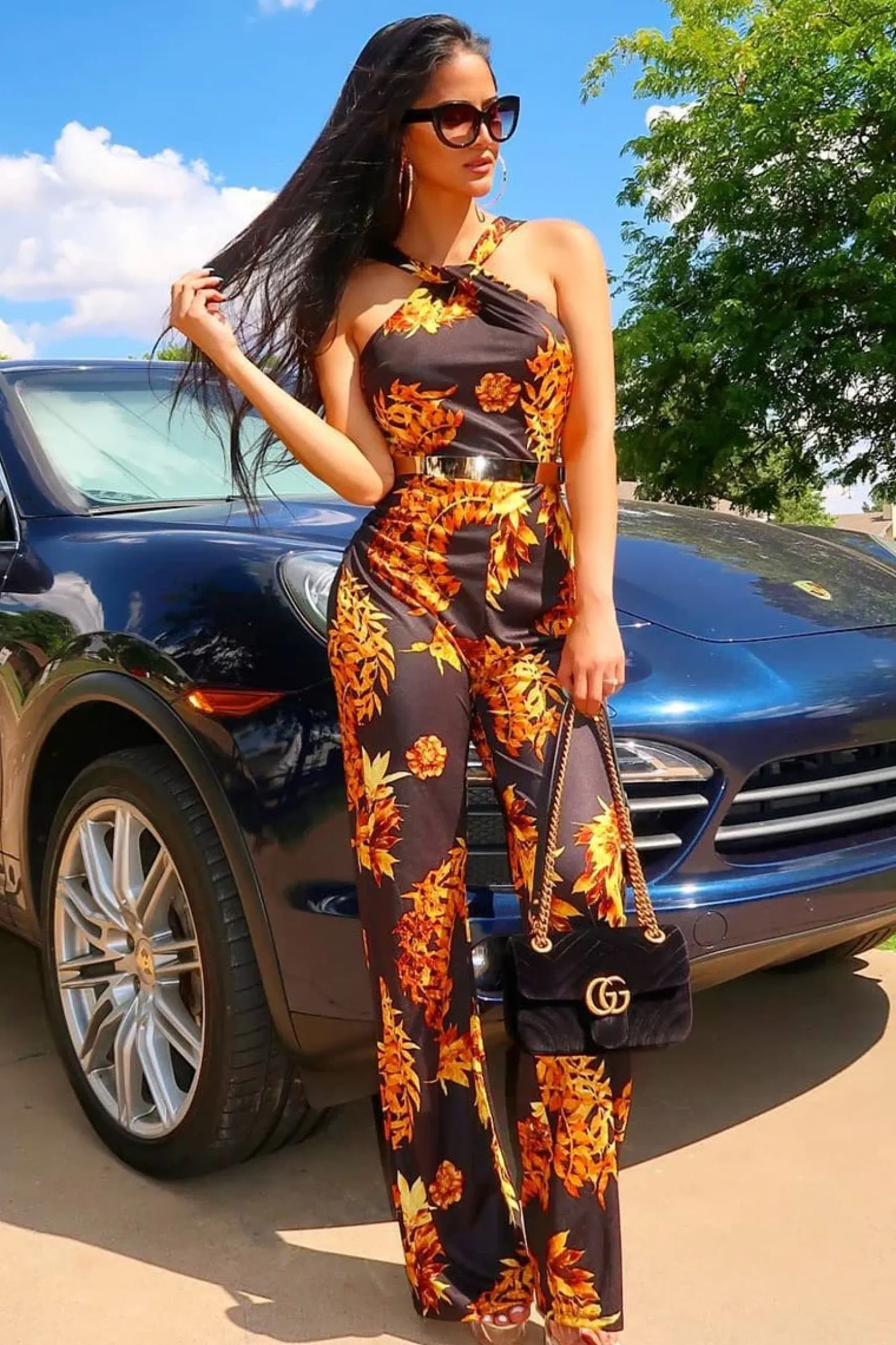 Rebellious Fashion Black Leaf Print Twist Front Belted Jumpsuit - Rainn