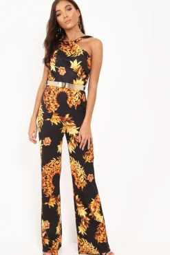 Rebellious Fashion Black Leaf Print Twist Front Belted Jumpsuit - Rainn