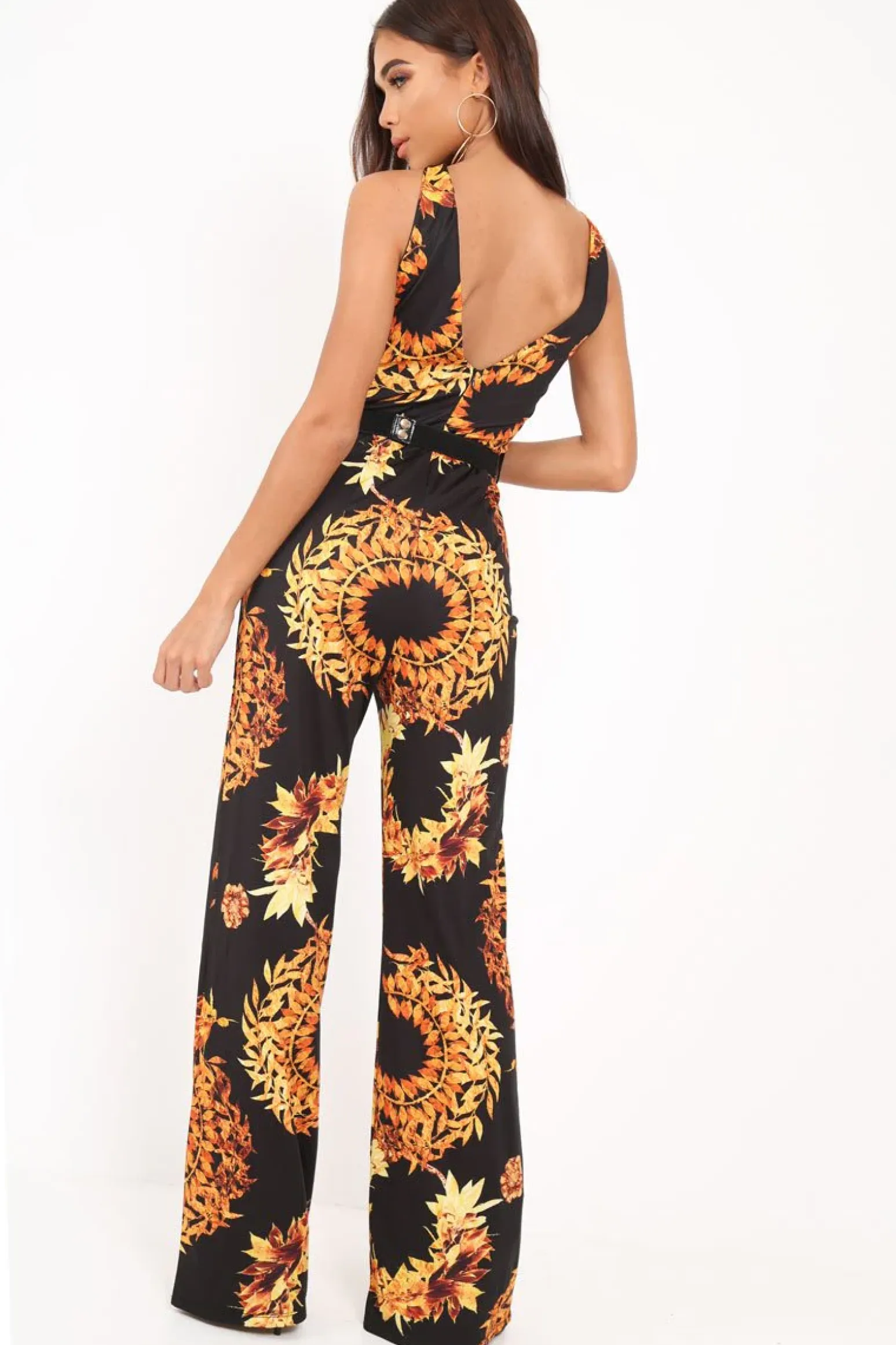 Rebellious Fashion Black Leaf Print Twist Front Belted Jumpsuit - Rainn