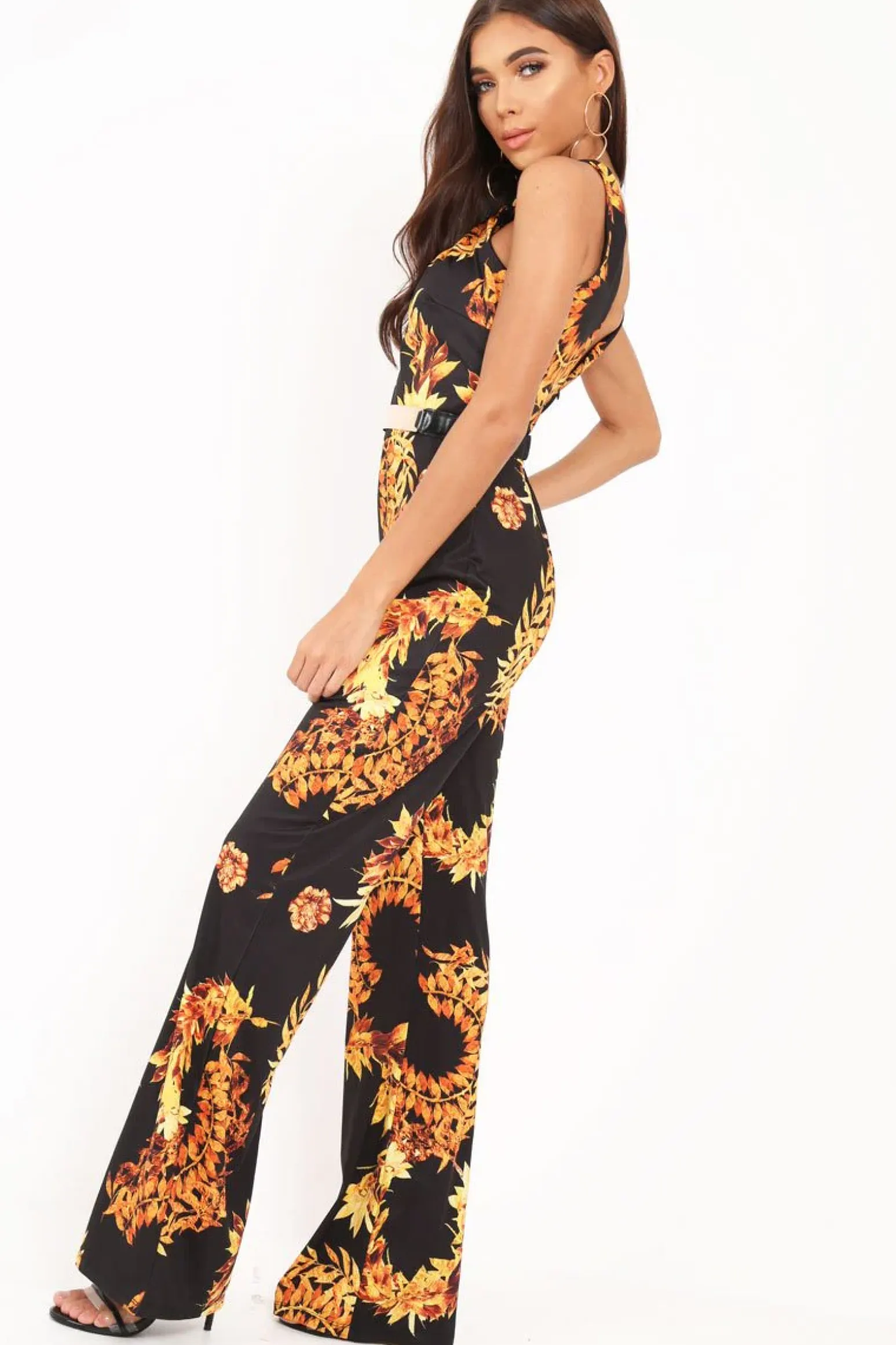 Rebellious Fashion Black Leaf Print Twist Front Belted Jumpsuit - Rainn