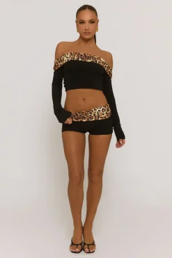 Rebellious Fashion Black Leopard Bardot Top and Micro Short Co-ord Set - Melinda